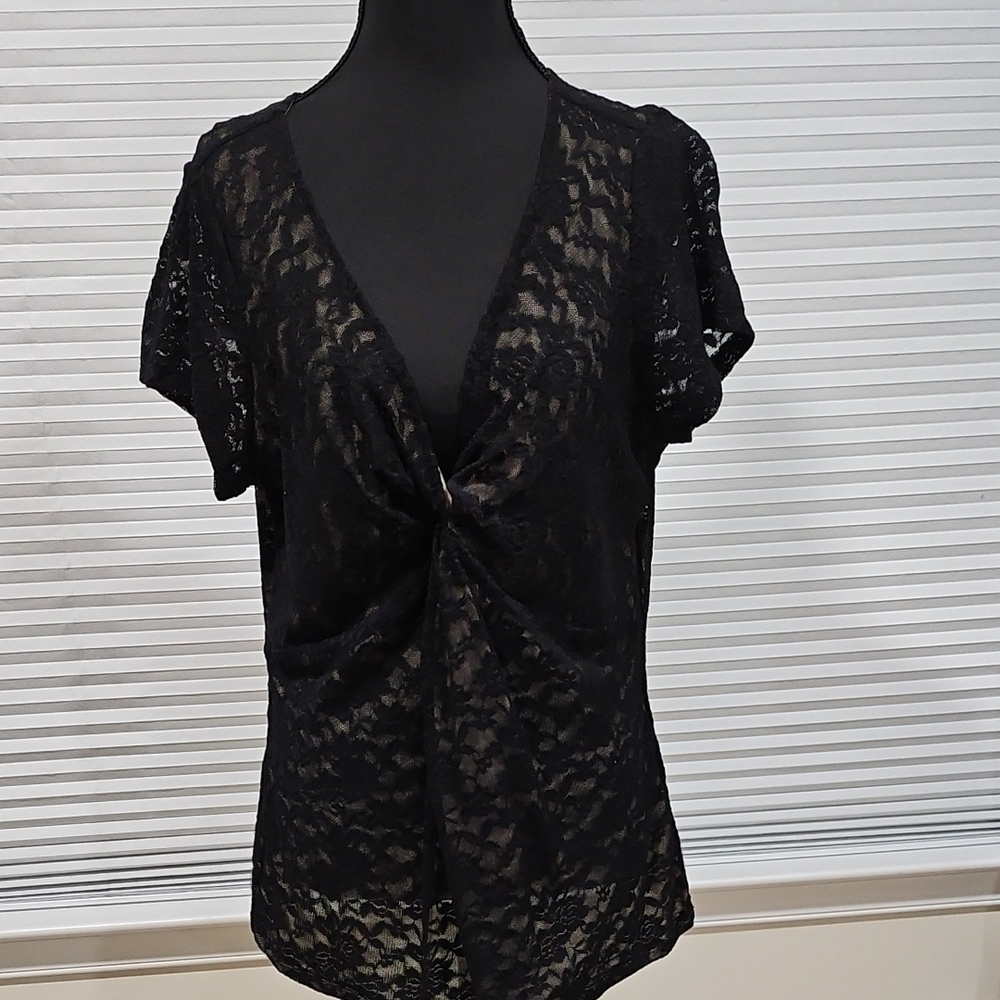 CAbi Black Flutter Sleeve Tie Front Blouse